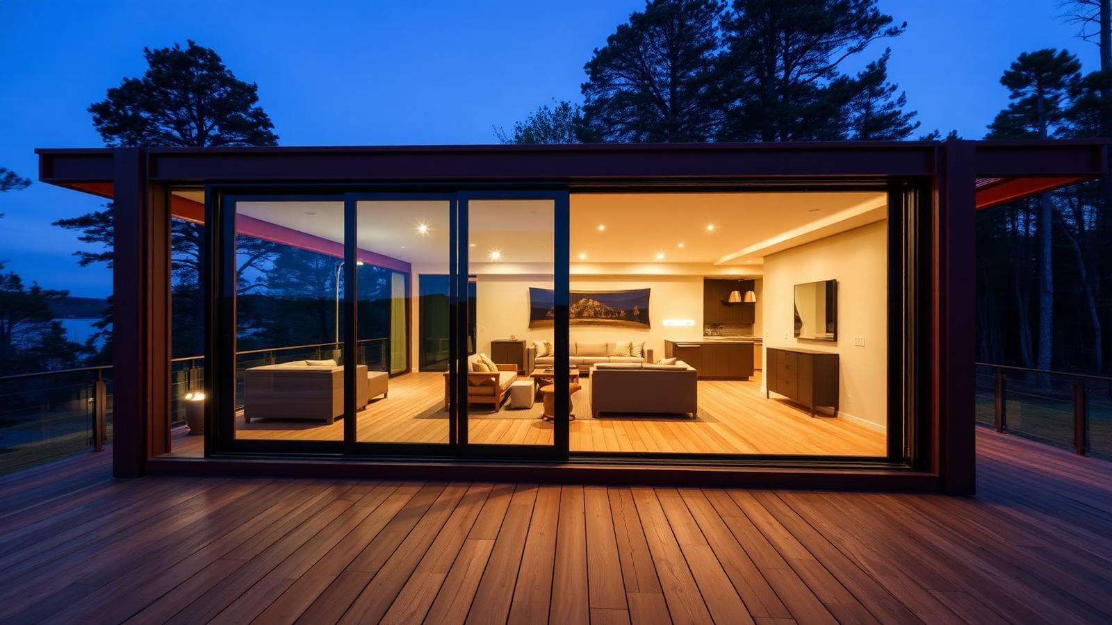 Casa container com grande deque de madeira e moldura de corten