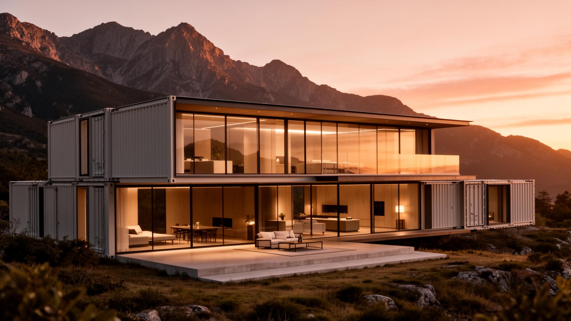 Mansão modular container ao pôr do sol
