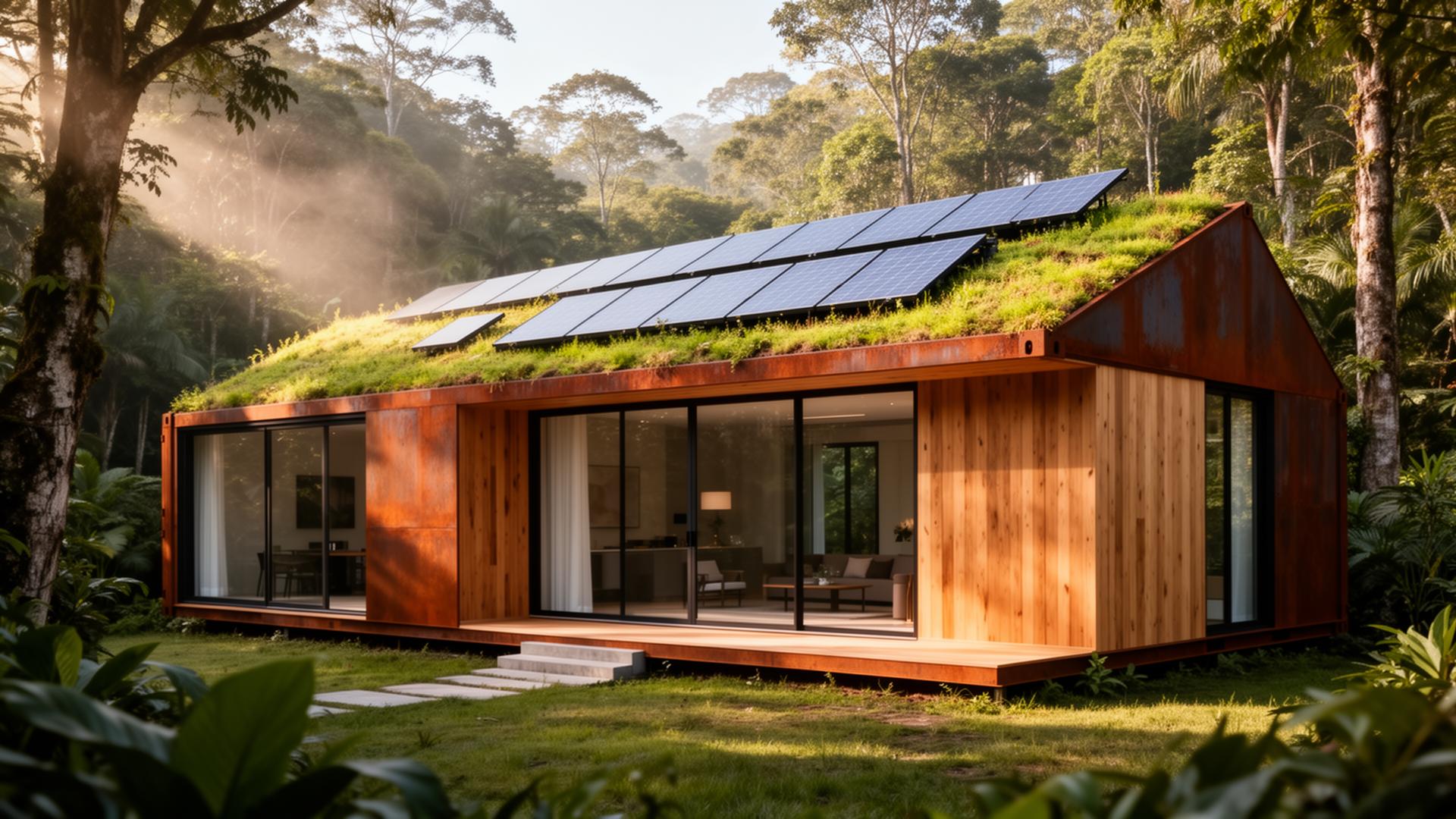 Casa container sustentável com telhado verde e captação solar